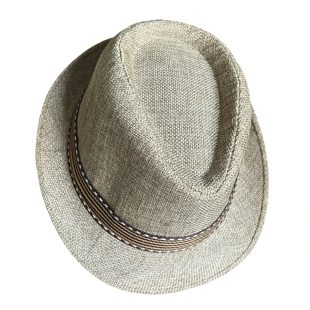 Kids Tan‎ Woven Fedora Hat Striped Band Size 54 Summer Trilby Sun Hat